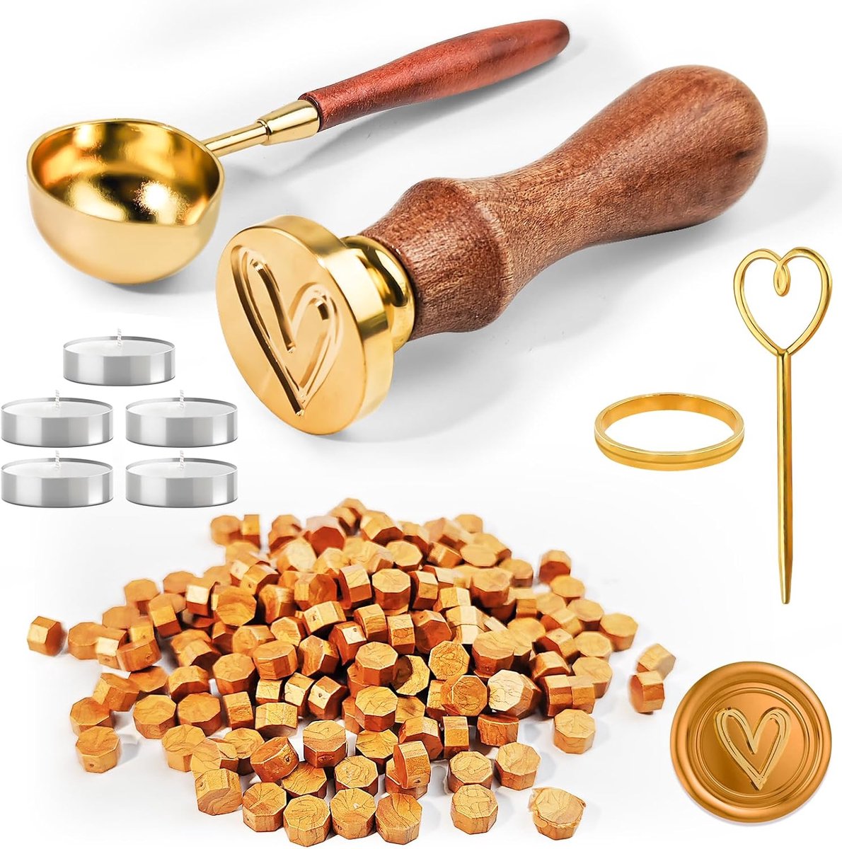200 stuks Zegelwaskralen, Goud Zegelkralen, Achthoekige Waszegelset, Verzegelwas, Wasparels, met 5 Theekaarsen, Waslepel, Waszegelstempel, voor Enveloppen, Uitnodigingen, Kaarten, Cadeau