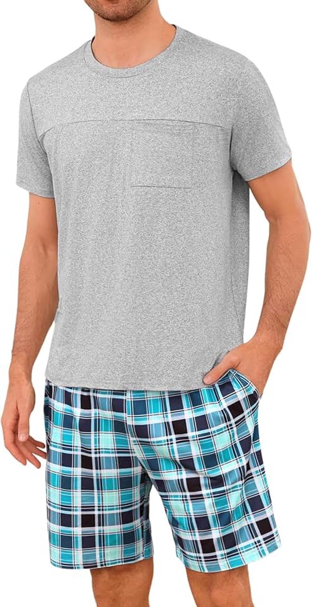 Pyjama voor heren, van katoen met contrasterende strepen, zomerpyjamaset, bovendeel en korte broek, vader en partner, groen, L