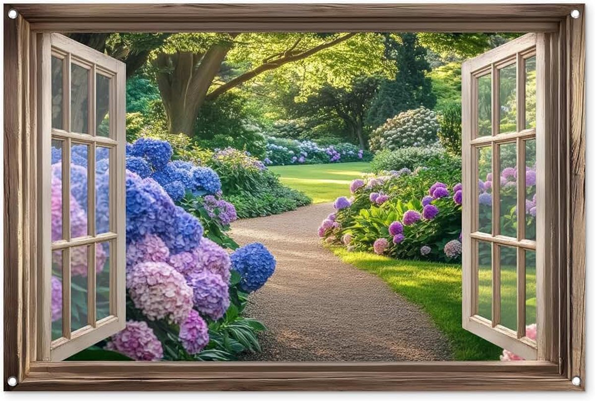Tuinposter 120x80 cm Balkon Tuindecoratie Poster Garden Outdoor Posters Tuin Decoratie Tuinposters Voor Buiten Terras Tuinmuurdecoratie Doorkijk - Raam - Hortensia - Bloemen