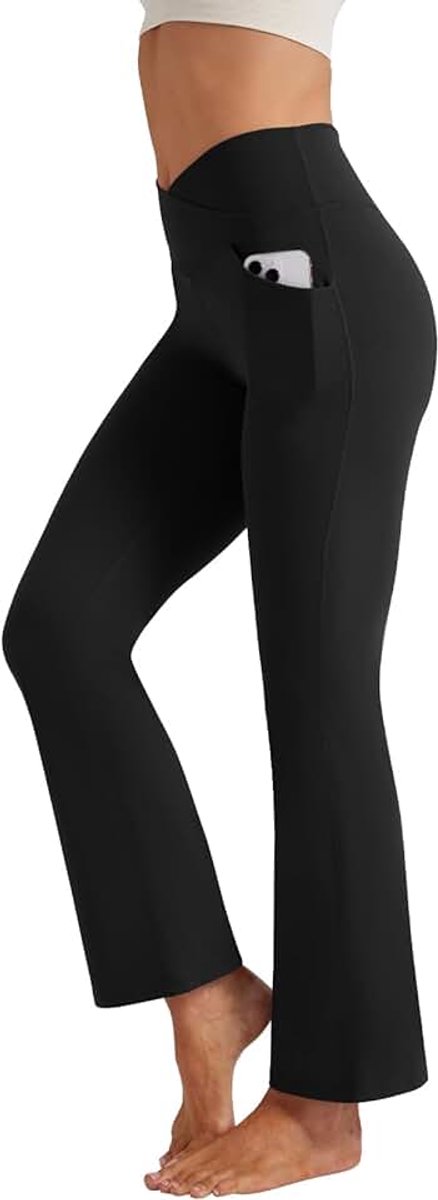 Yogabroek voor dames, bootcut, slagbroek, fitnessbroek, V-vorm, hoge taille, met zakken, vrijetijdsbroek, gym, workout, joggen, trainingsbroek