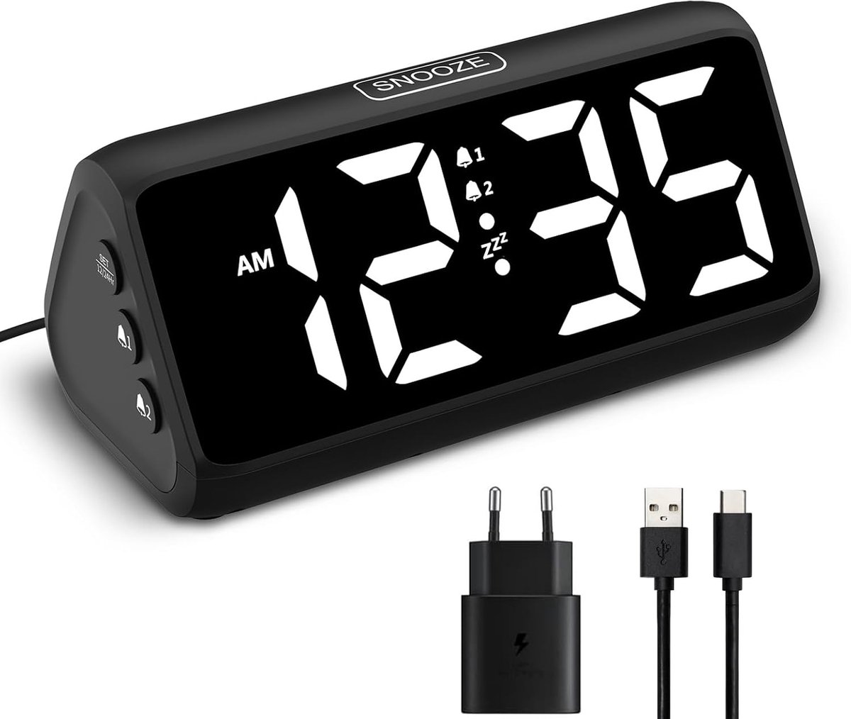 Digitale Wekker 115 dB met Dubbel Alarm, Snooze, 5 Helderheidsstanden en 4 Volumeniveaus – Zwart/Wit