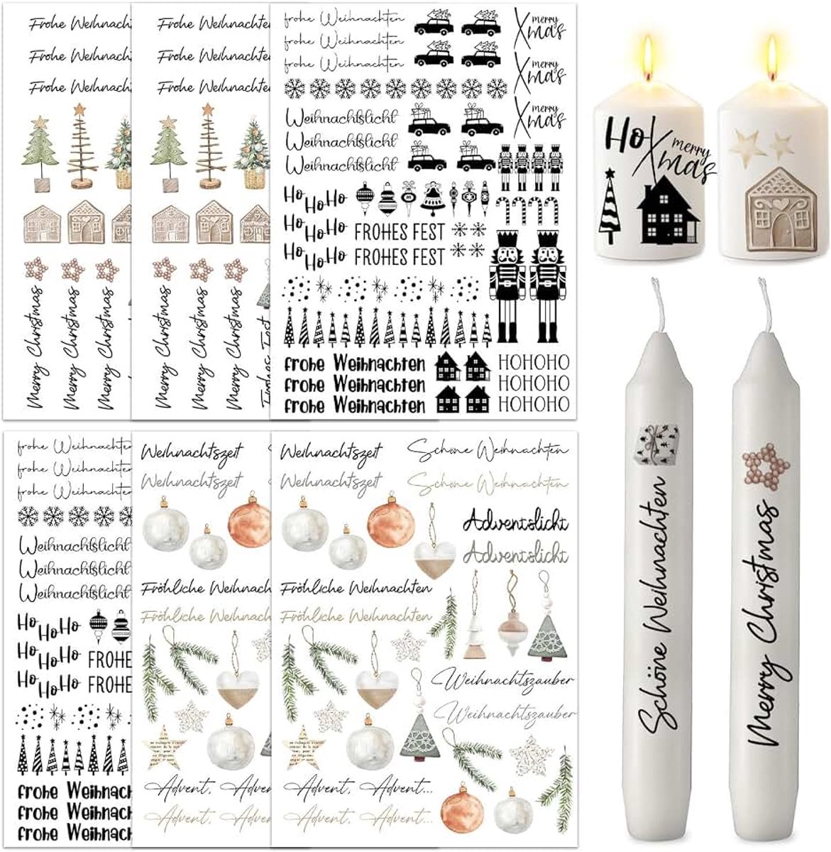 6 stuks kaarsentattoos voor Kerstmis, kaarsentoeages Happy New Year, waterschuiffolie, kaarsen, kaarsenfolie voor kaars, kop, doe-het-zelf cadeau, kaarsen decoreren, kaarsspreuken (D)