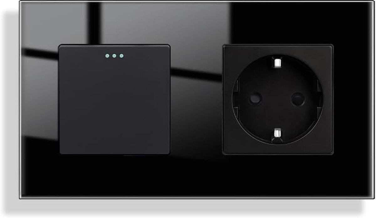 Lichtschakelaar met stopcontact, zwart, inbouw, 1-voudig, 2-weg, glazen stopcontact, knop, schakelaar, wandschakelaar, kristallen tuimelschakelaar, 157 x 86 mm, 10 amp, 250 V