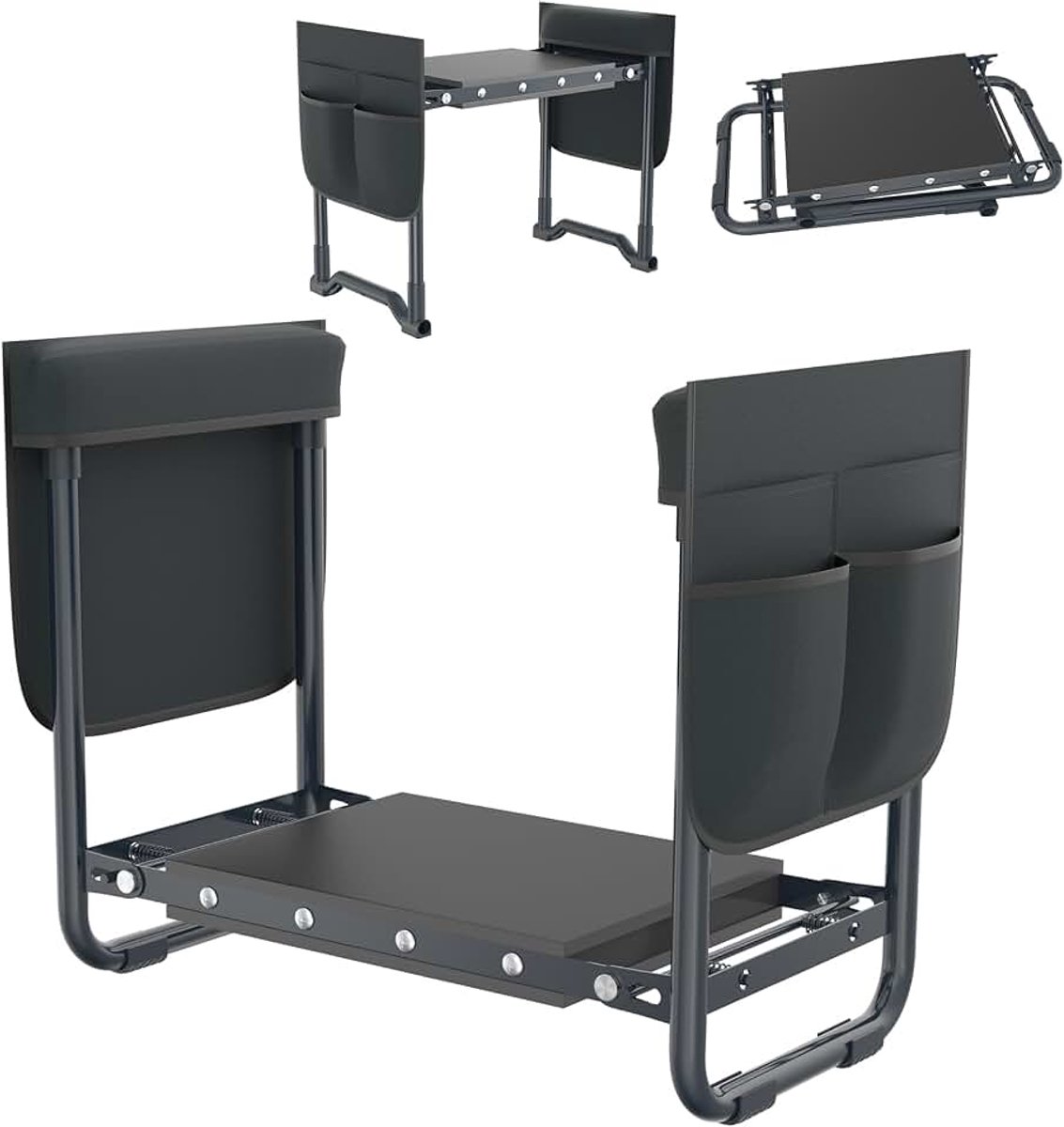 Kniebank, tuinkruk, inklapbaar, voor tuinieren, kniekussen, tuinbank, 2-in-1 met EVA-schuimkussen en gereedschapstas, kniestoel, kniehulp, werkkruk voor tuin, 57 x 44 x 30 cm, antraciet