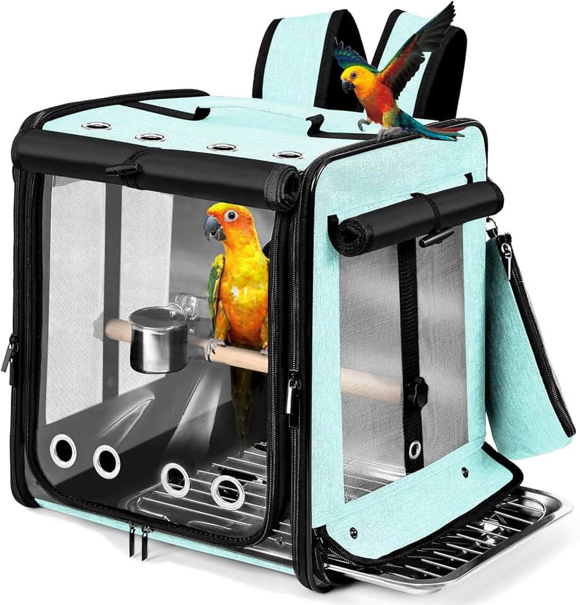 Vogeldrager met veiligheidsgordel voor autoritten, vogelrugzak met onverwoestbaar roestvrij stalen gaas, grote vogeldrager reisbus, grijs