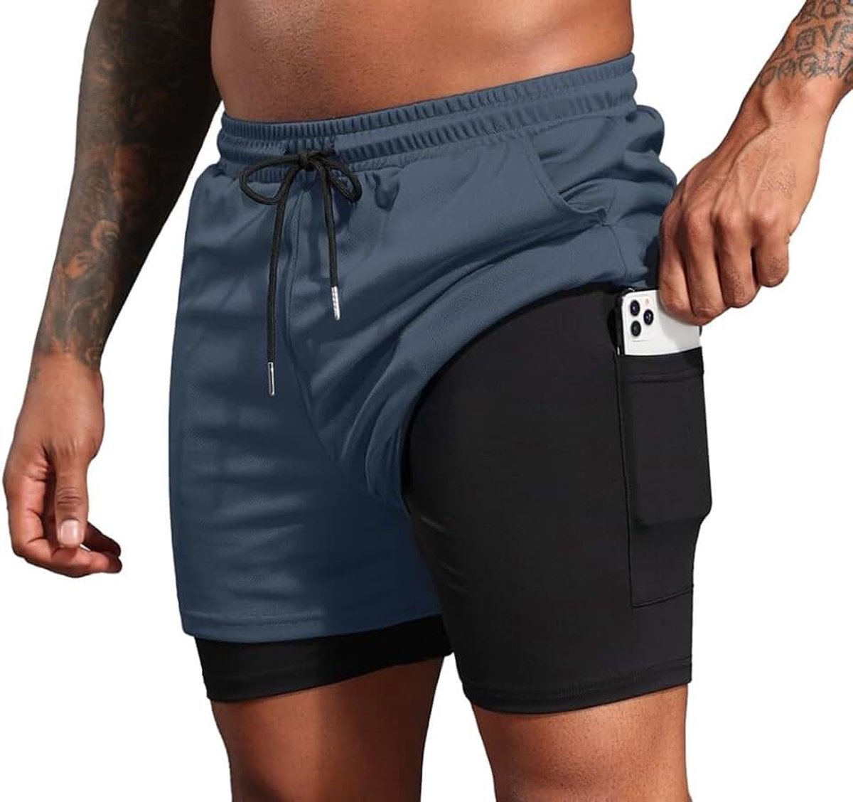 Heren 2-in-1 hardloopshort met zakken zomer lichtgewicht elastische taille heren shorts voor gym sport training