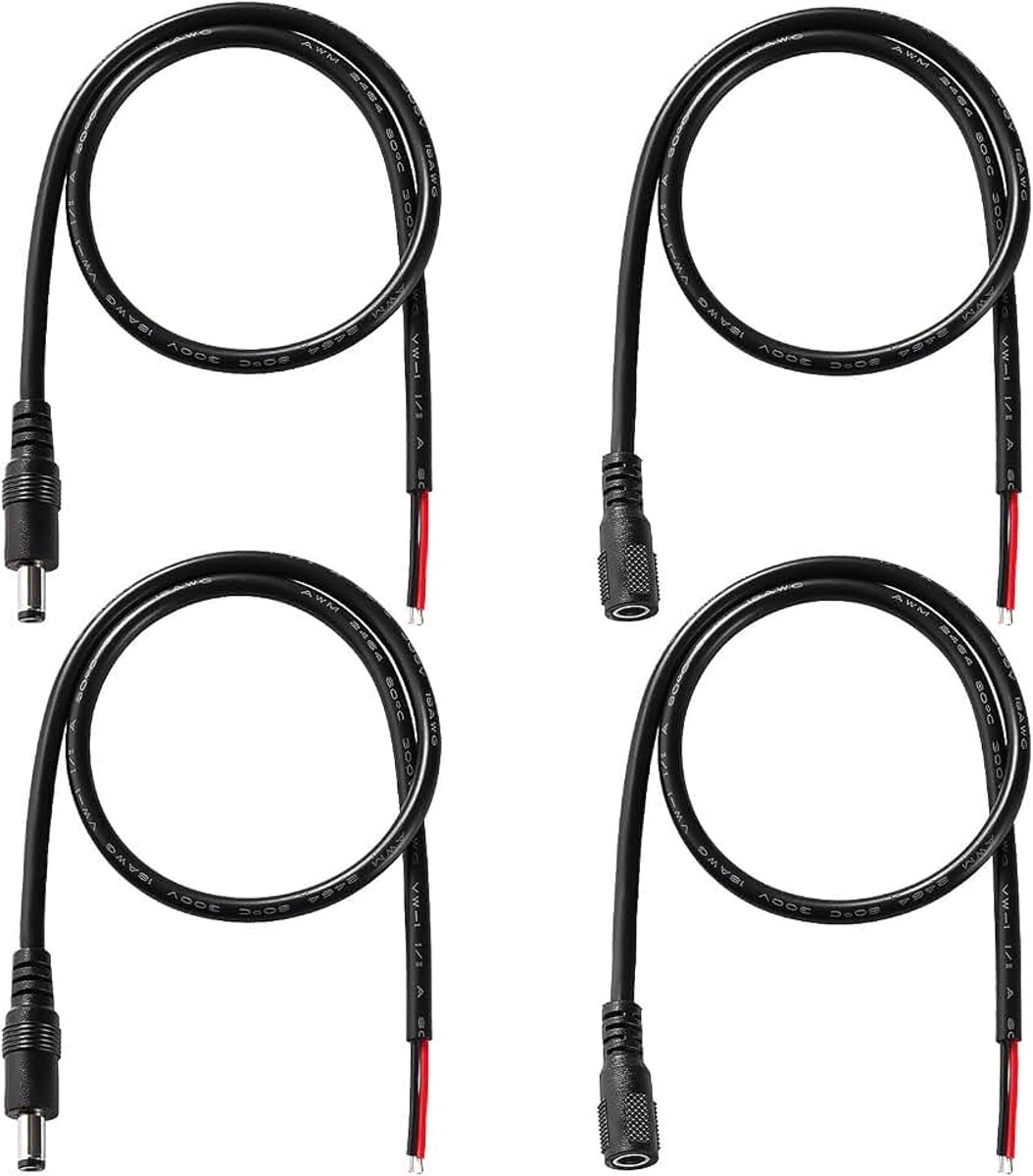 4 Stuks 50cm 18 AWG DC Power Pigtails-Kabel, DC 5.5mm x 2.1mm Mannelijke & Vrouwelijke Stekker naar Blote Draad Open Einde Voeding Vervangend Reparatiesnoer, voor CCTV-Beveiligingscamera