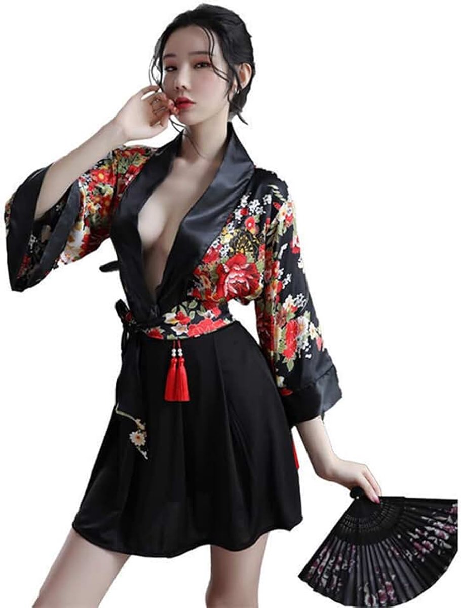 Japanse geisha kimono lingerie sexy vest print strakker taille pak yukata, zwart, one size