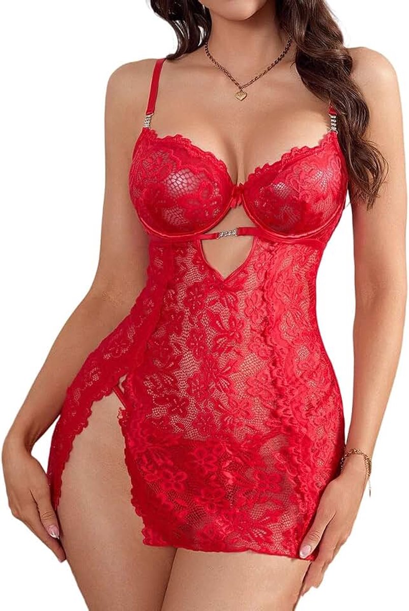 Dames bloemen kant lingerie kant babydoll mesh chemise kleding met zijsplit nachthemd met ketting met tanga verleiding transparante kleding voor binnen