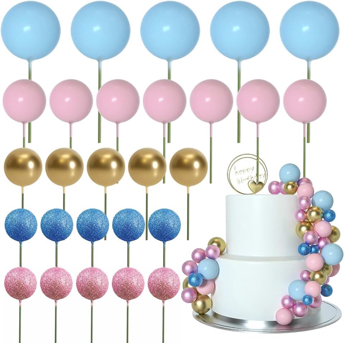 50 stuks baltaarttopper stokjes, mini-ballonnen voor taartdecoratiebenodigdheden, schuimballen, taartdecoraties voor babyshower, taart, verjaardagstaarttoppers, decoraties (roze blauwe serie)