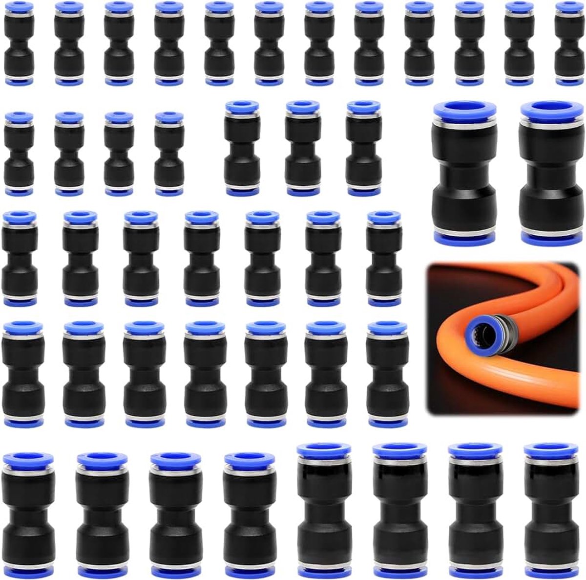 42 stuks pneumatische rechte pushconnectoren, snelkoppelingen voor 4/6/8/10/12/14 mm buizen, rechte drukreductoren voor luchtslangaansluiting