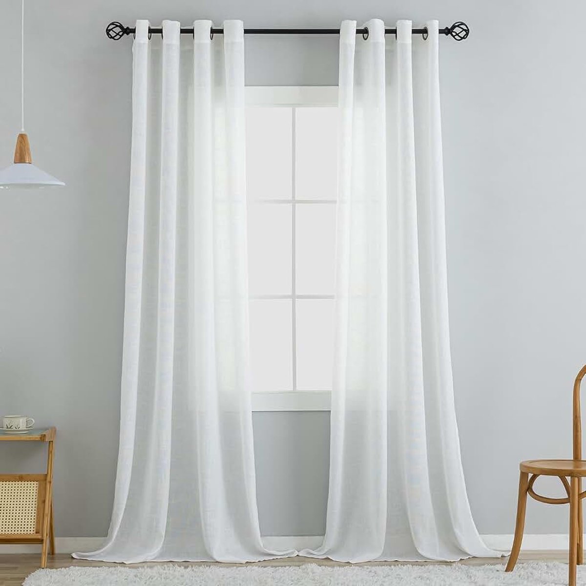 Natuurlijke linnenstructuur, met oogjes, linnen gordijnen voor ramen, woonkamer, wit, 245 x 140 cm (h x b), 2 stuks