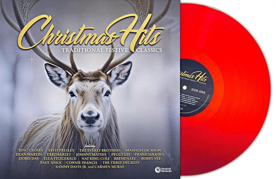 Albumhoes 'Christmas Hits' met rendier en rode vinylplaat. Bevat tracklist.