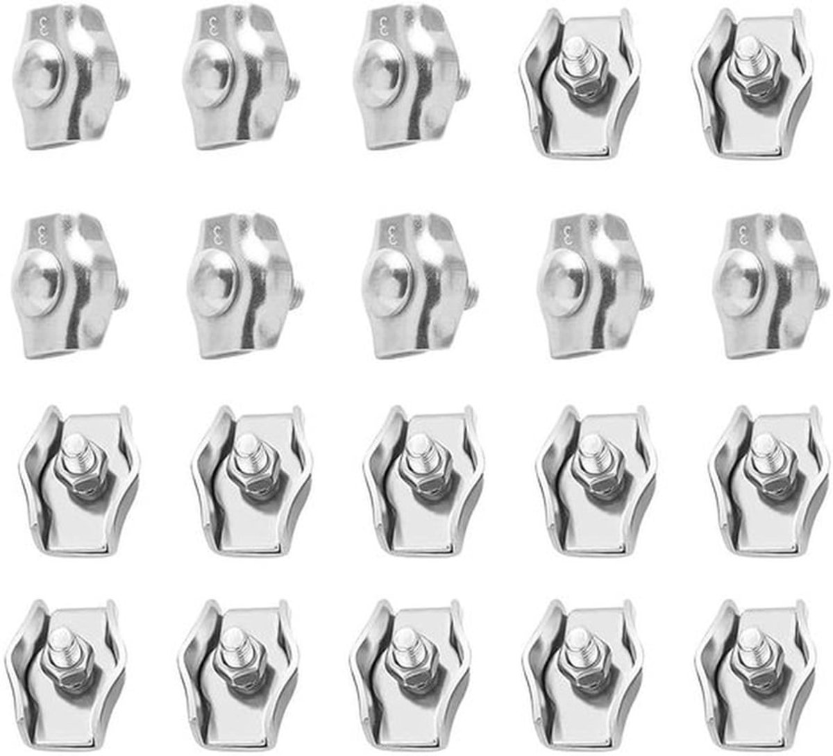Kabelklemmen voor metalen kabels - 20 stuks - Roestvrij staal 304 - Zilver - Inclusief moeren en sluitringen