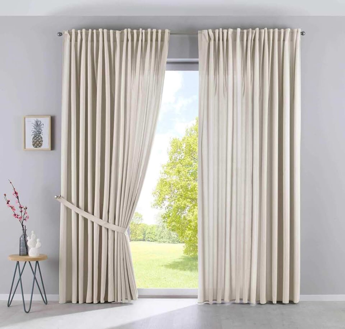 2019037-2, set van 2 gordijnen, verborgen lussen, ondoorzichtig, linnenlook, HxB 250 x 300 cm, gemêleerd, gordijn met gordijnhouder
