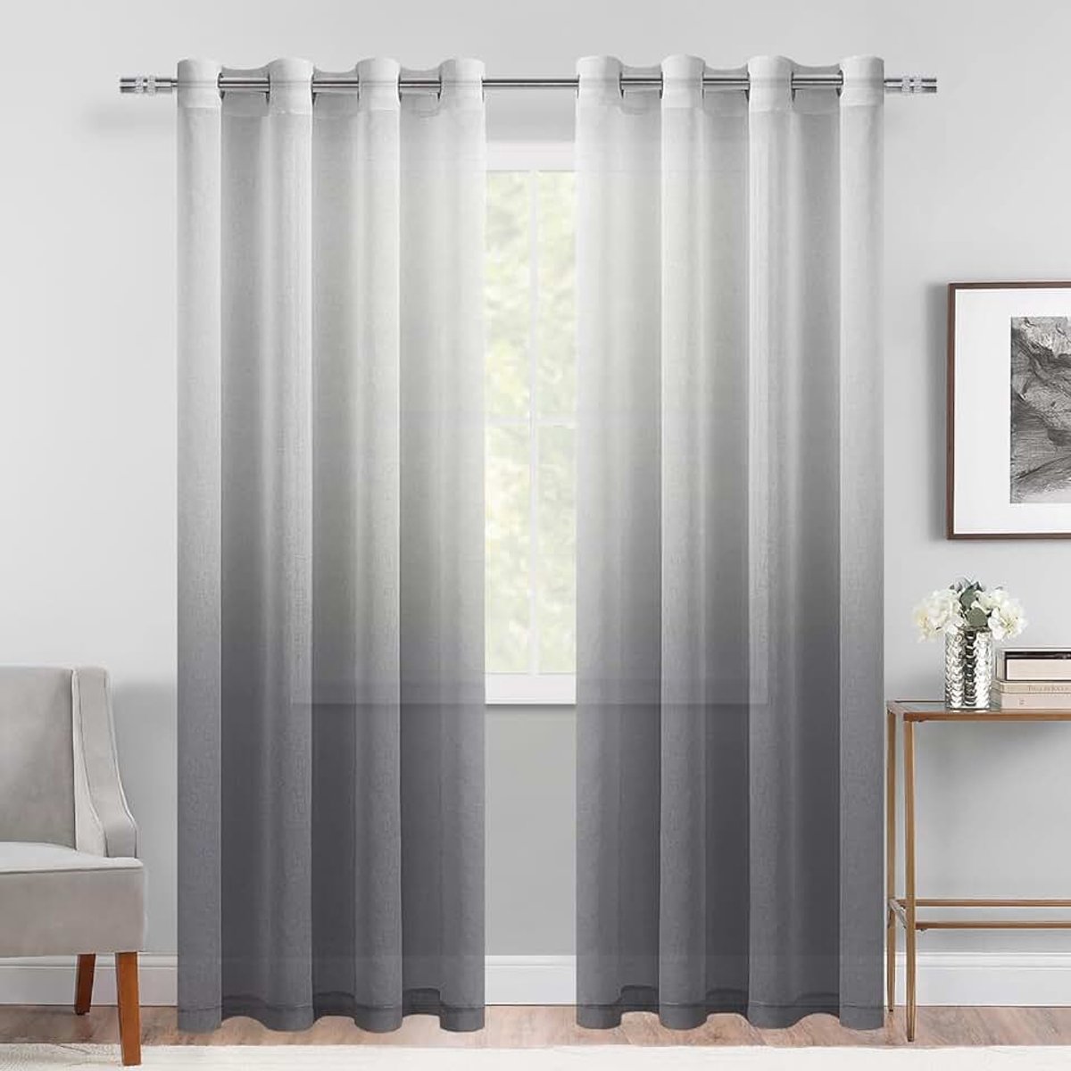 Faux linnen grijze ombre transparante gordijnen - gradiënt semi-voile doorvoertule top raamgordijnen voor slaapkamer en woonkamer, set van 2 panelen, 132 x 213 cm lang