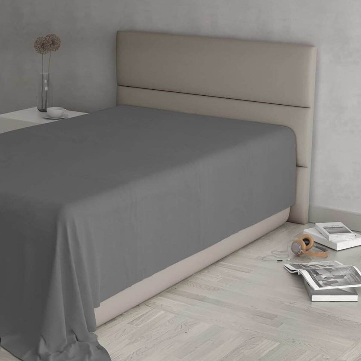 Color Hoeslaken, 100% katoen, effen, donkergrijs, Frans bed, 180 x 300 cm