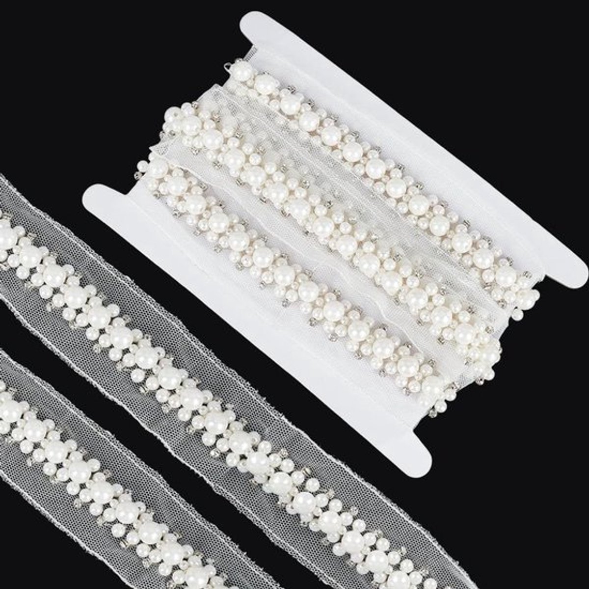 Kanten trim 1,7 m lang 48 mm breed wit parel mesh kant trim met kralen en strass voor bruiloftjurken - DIY decoratie.