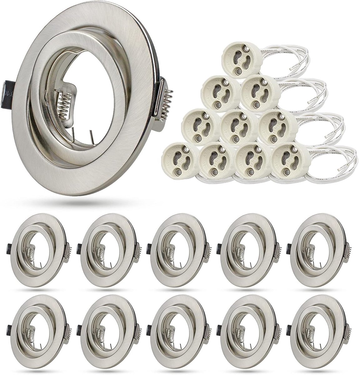 Set van GU10 inbouwspots, 10 x montageframes in geborsteld metaal met GU10 keramische fitting, diameter 76-90 mm, 30° zwenkbaar, voor LED- of halogeenlampen, diameter 98 mm, ronde vorm