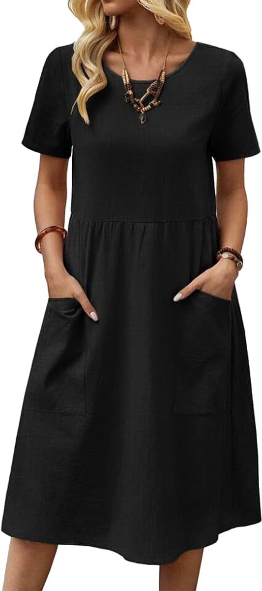 Zomerjurk voor dames, linnen, casual, korte mouwen, katoenen strandjurk, ronde hals, effen, vrijetijdsjurk met zakken, S-XXL