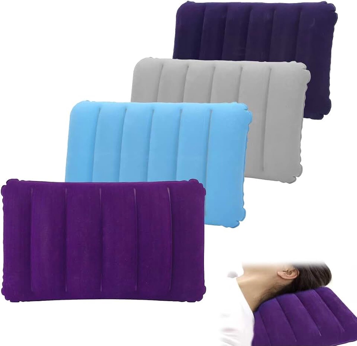 4 Stuks Opblaasbaar Campingkussen van Zacht Materiaal, Zacht | Comfortabel, Ergonomisch Opblaasbaar Strandkussen, Campingreiskussen voor Reizen, Kamperen, Kantoor, Outdoor, Wandelen