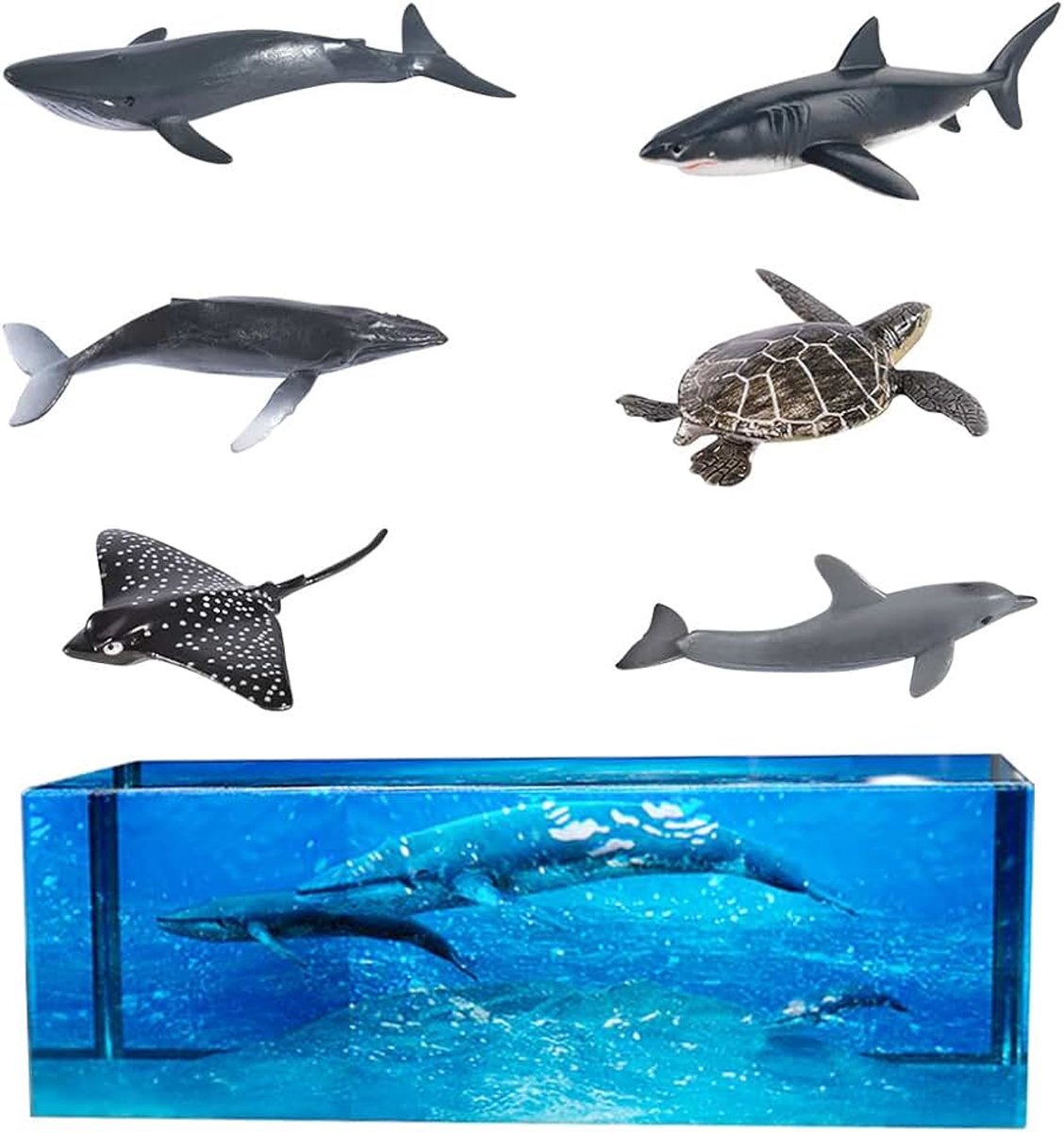 6 Pcs Sea Creatures Hars Siliconen Mallen 3D Sea Ocean Animals Realistic with Shark Whales Sea Turtle Dolphin Figures for Epoxy Resin Mold Filling Materials
