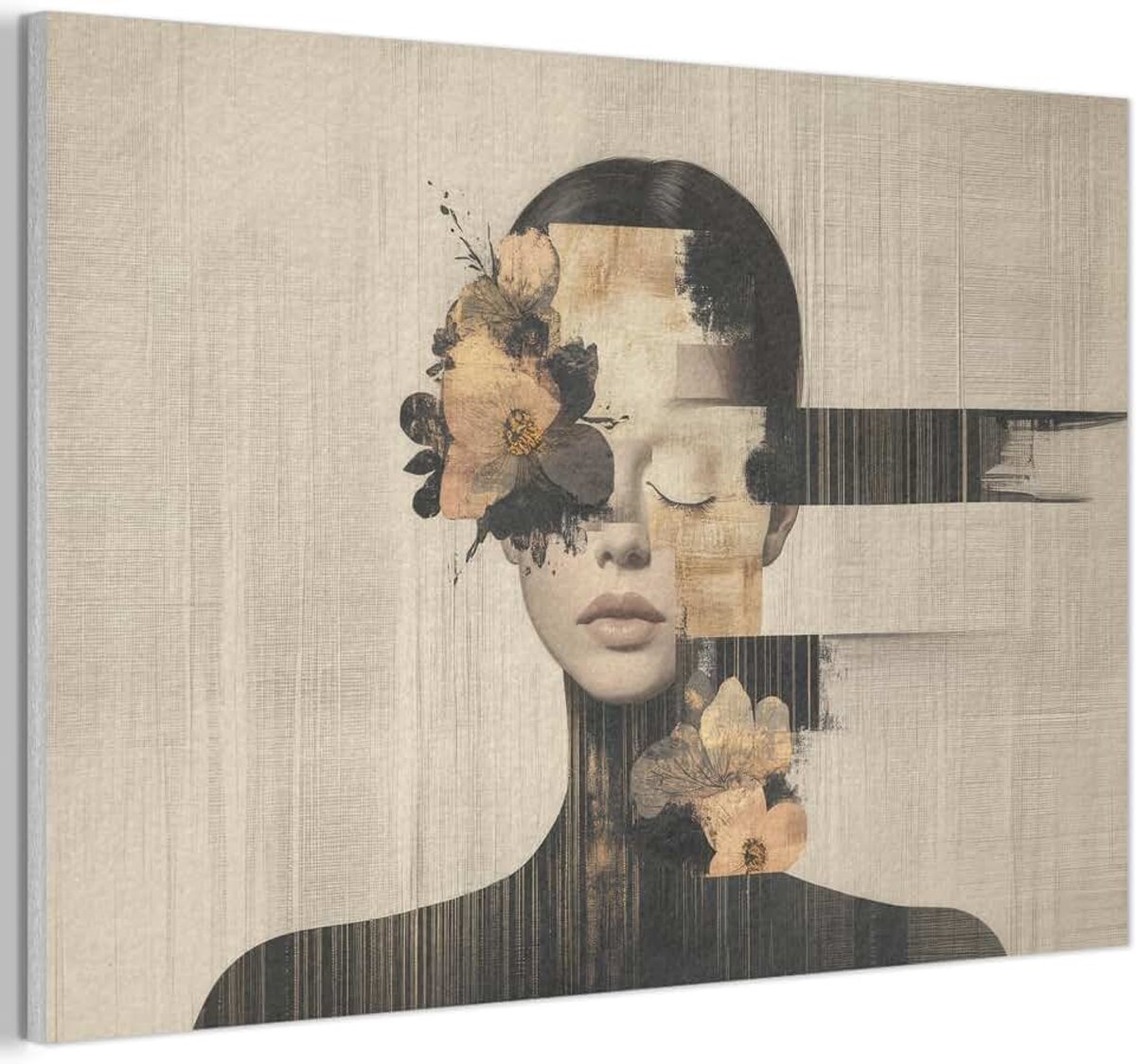 Vilten Wandpaneel 60x40 cm Kamer Muurdecoratie Woonkamer Slaapkamer Room Decor Wall Decoration Felt Art Panel Gezicht - Bloemen - Zwart - Vrouw