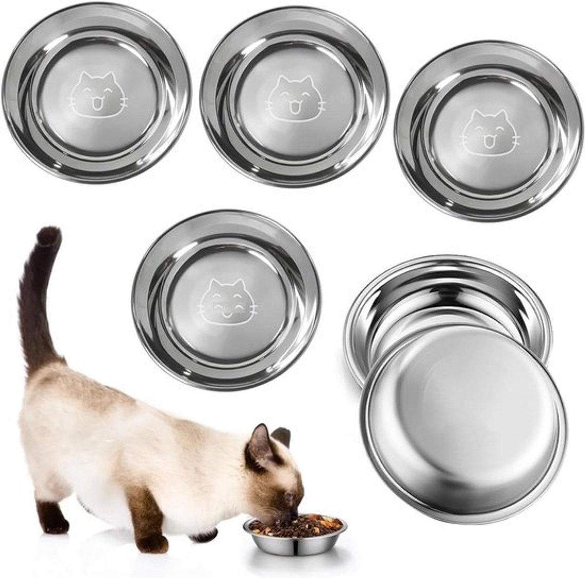 Roestvrijstalen voerbakken voor katten - set van 6 | Platte voerbakken van 16 cm | Gemakkelijk schoon te maken | Geschikt voor kittens en kleine huisdieren