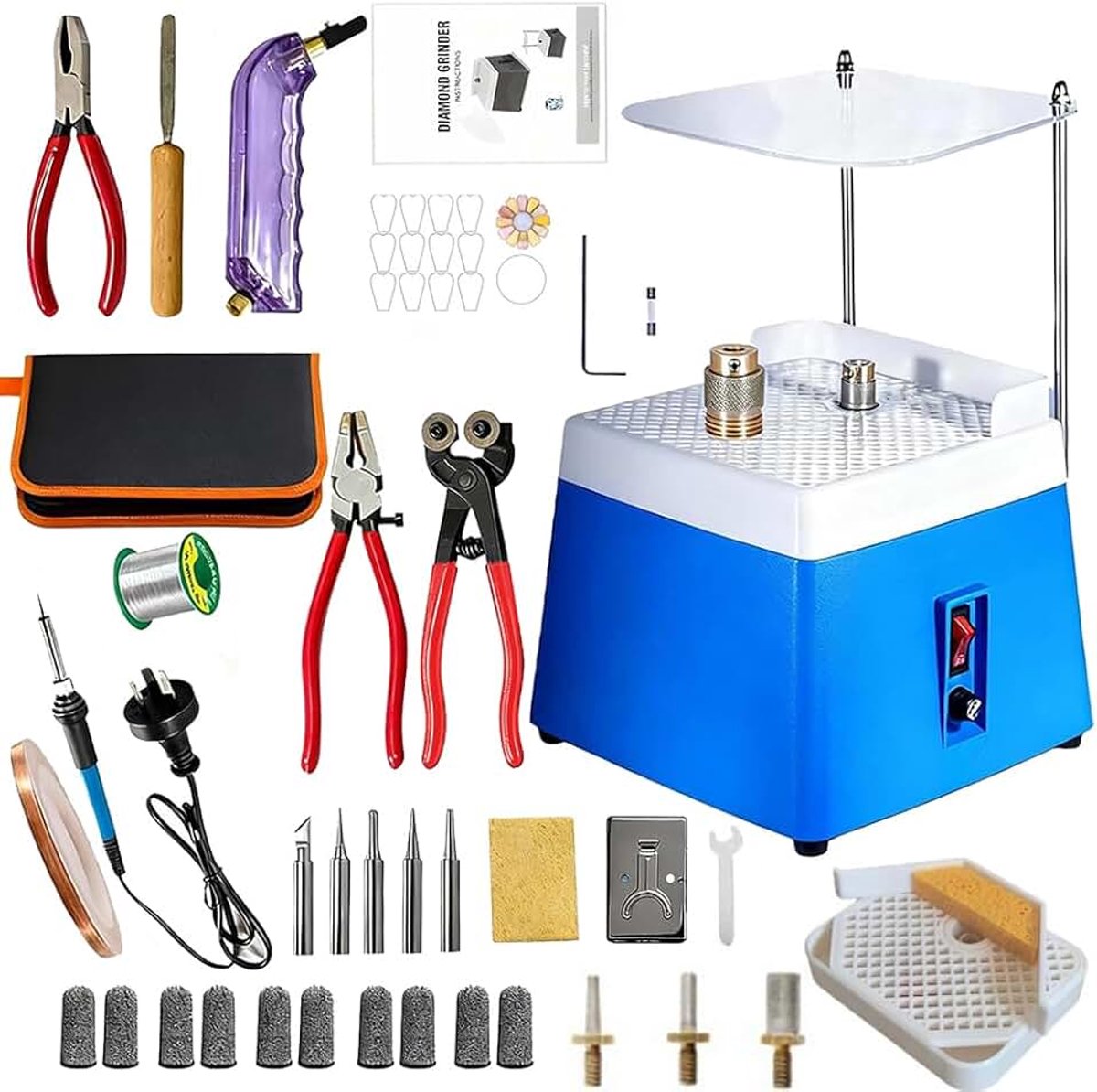Glasslijper, 220 V, met zuigfunctie, transparante bescherming, 5 verwisselbare slijpkoppen, universele accessoires, dubbellaags design, voor glas en keramiek