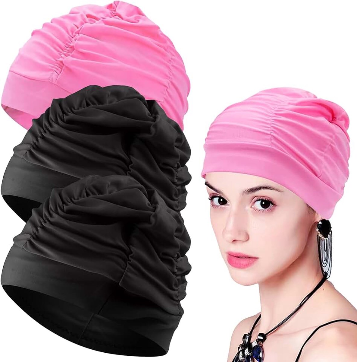 3 stuks badmutsen voor dames, elastisch, vouwdesign, badmuts van polyester, comfortabel en ademend, voor dreadlocks, vlechten, krullen en afro (zwart, roze)