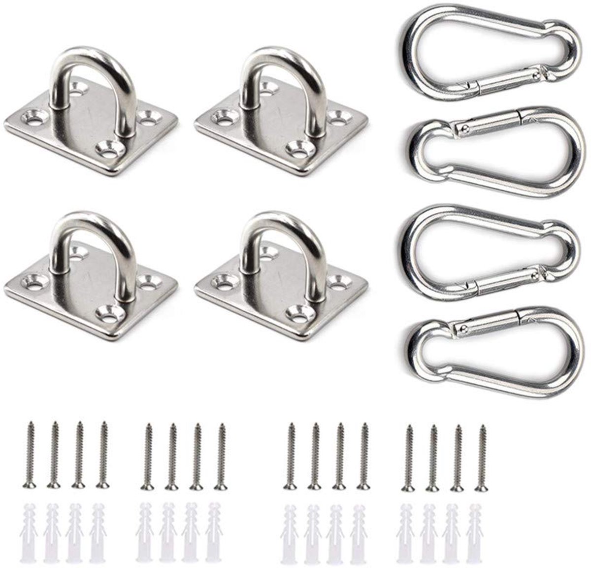 4 stuks M6 304 roestvrij staal oblong pad oogplaat en 4 clips karabijnhaken clip bevestiging clips voor marine hardware met 16 schroeven en kunststof doppen