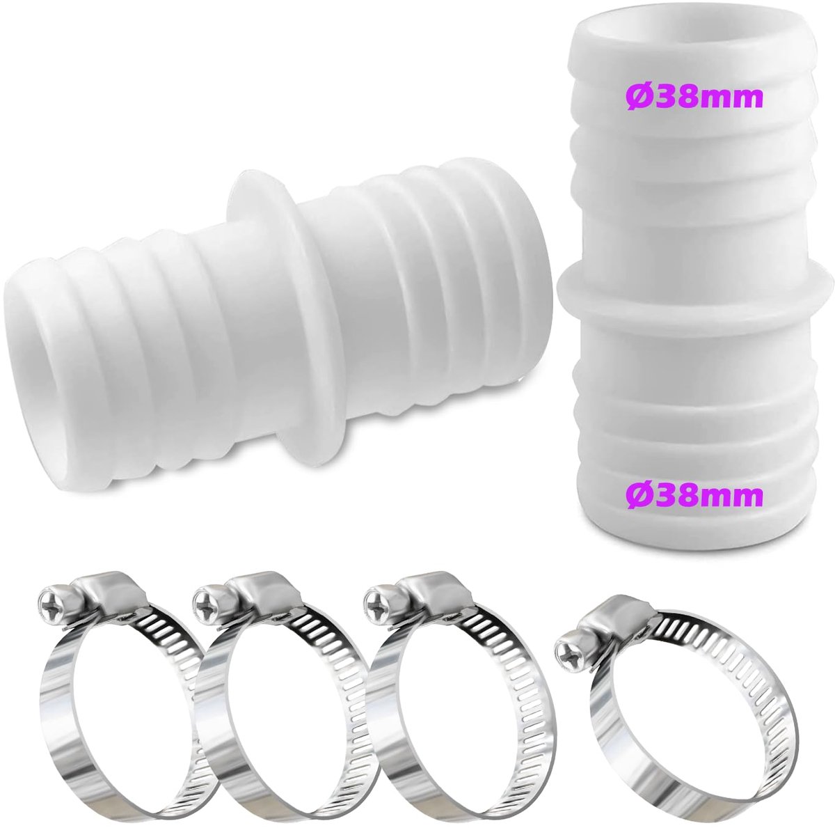 38 mm, set met 4 stuks roestvrijstalen slangklemmen, witte zwembadslangadapter, slangadapter, dubbele slangtuit (2 stuks)