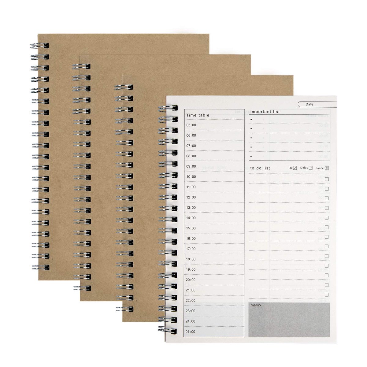 spiraalblok, gids, takenlijst, dagplanner, notitieblok, bruin, kraft omslag, dagplanning, notitieboek, 100 pagina's/50 vellen, 19 x 13 cm (4 stuks)