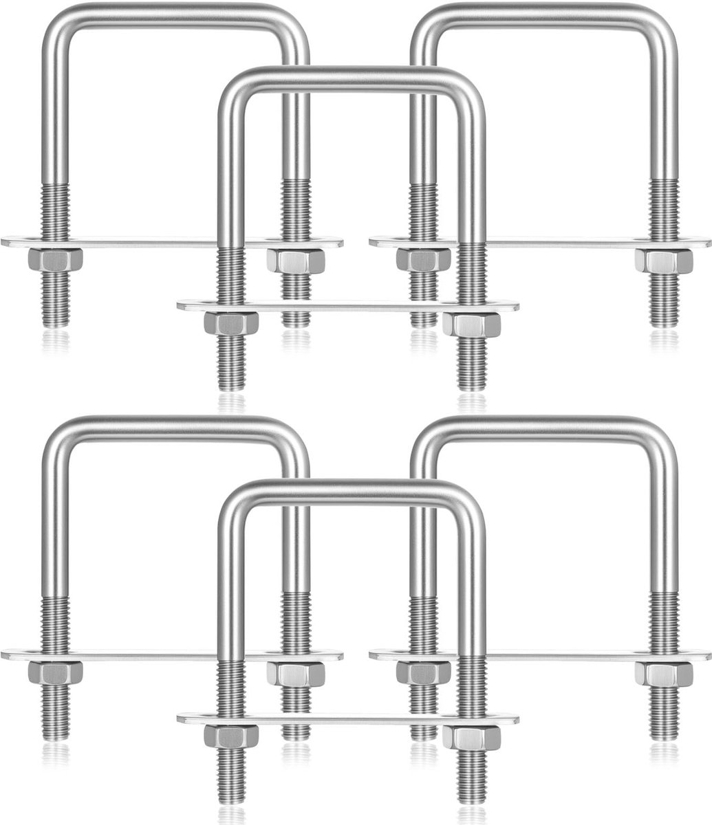 6 stuks roestvrijstalen U-bouten met platen, M8 x 50 x 80 mm, roestvrijstalen U-vormige bouten, vierkante kit, U-boutset met moeren ringen, voor pijpaanhangwagen, automotive mariene