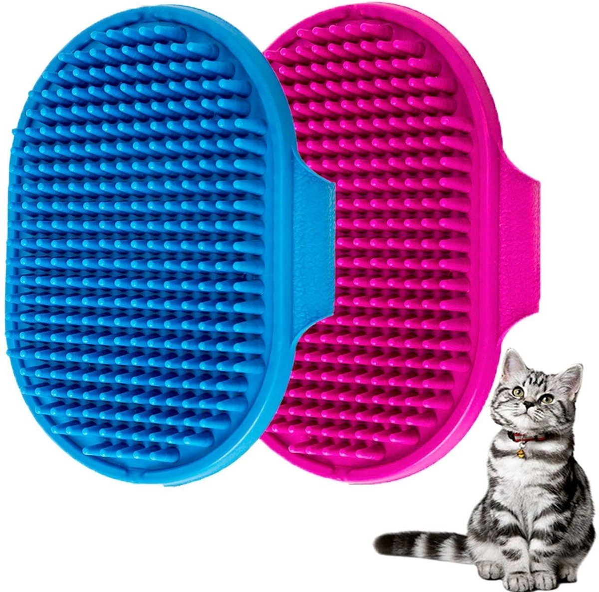 Huisdieren-Badborstel voor Honden en Katten – Shampooborstel – Rustgevende Massage – Rubberen Kam met Verstelbare Ringgreep voor Langharige Honden en Katten – Blauw + Roze – 2 Stuks