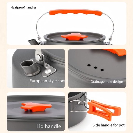 3-delige Campingkooksets - Kampeerset - Kookset - Buitenkookgerei - Kampeerpannen - Opvouwbaar - Compact opbergen - Aluminium - Met kookpan, braadpan en waterketel - Geschikt voor kamperen, wandelen en buitenactiviteiten voor personen - Zwart‑Oranje — afbeelding 5