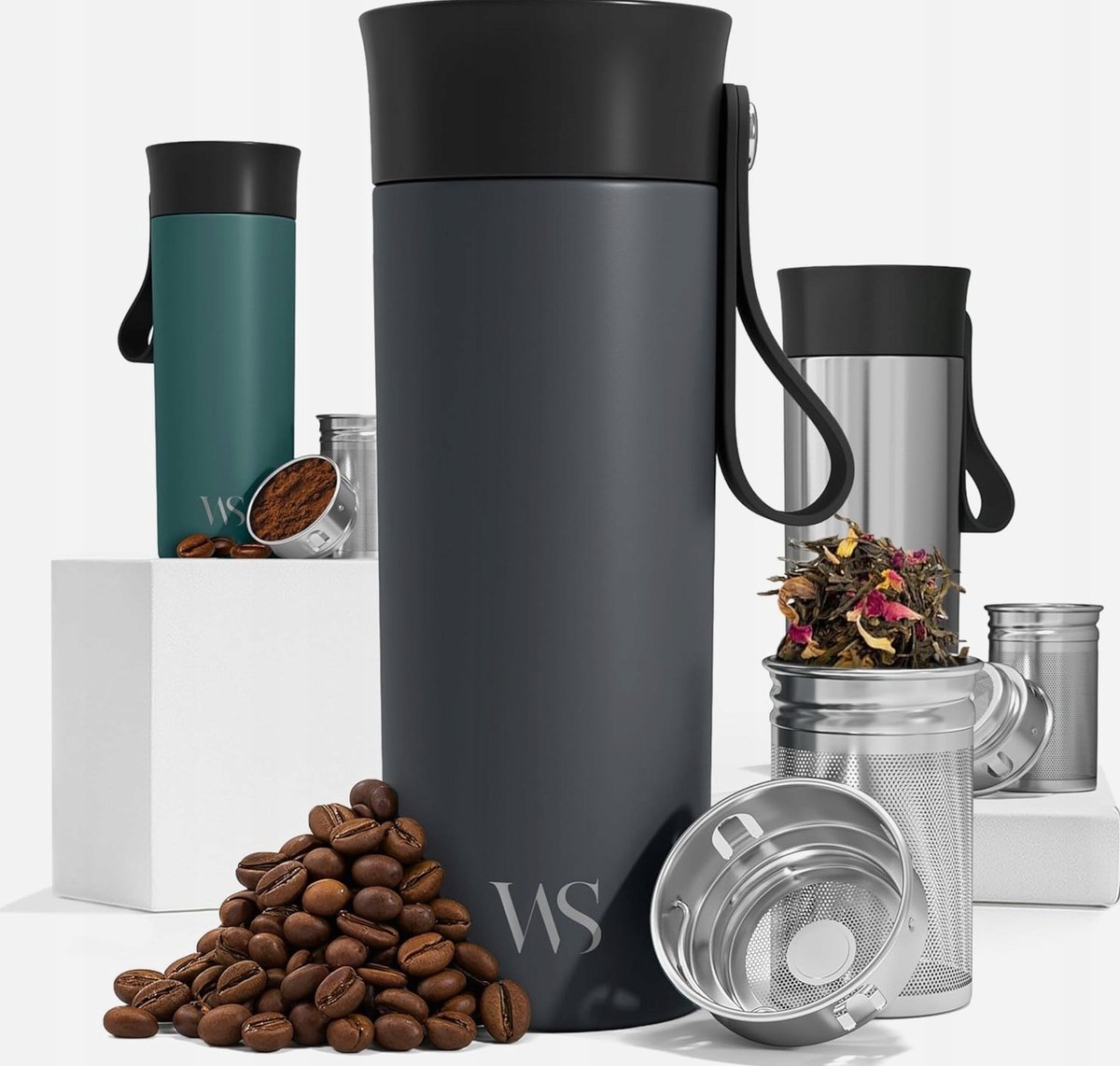 Thermosbeker 360ml RVS, Lekvrij, Met Thee-infuser, Zilverkleurig