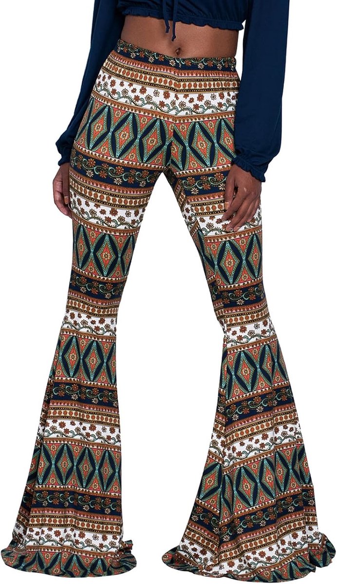 Vintage bedrukte lange uitlopende broek voor dames, hoge taille, rekbare wijde pijpen, yogabroek