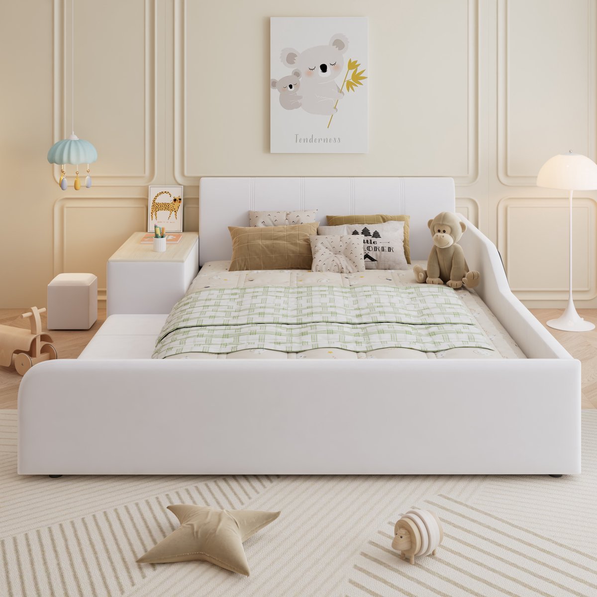 Gestoffeerd bed 140x200 cm - met kinderbureau en krukje - met opbergplank - kinderbed - wit