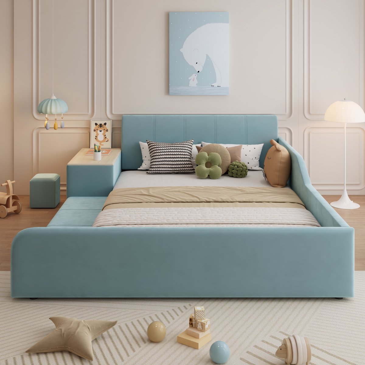 Gestoffeerd bed 140x200 cm - met kinderbureau en krukje - met opbergplank - kinderbed - blauw
