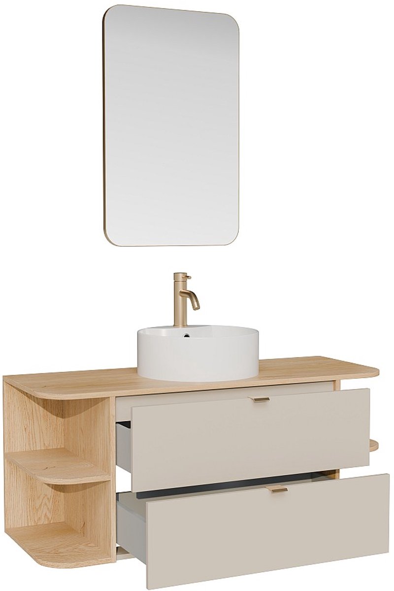 Vente-unique Zwevend badkamermeubel met nissen, ronde opbouwwastafel, kraan en spiegel - Beige en natuurlijk Licht - 120 cm LAVENA