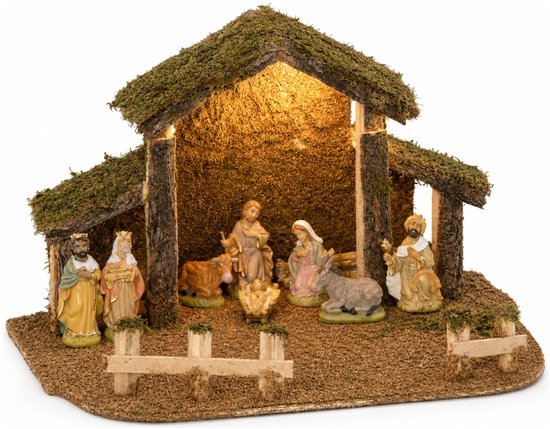 Complete kerststal - 28 x 22,5 x 38 cm - met 8 kerstbeeldjes - kerstdecoratie stal