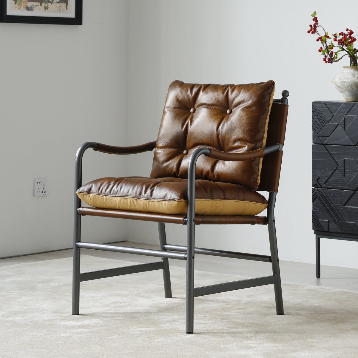 Leren Fauteuil Bruin - Retro Lounge Stoel Met Zwart Metalen Frame - Moderne Armstoel Voor Woonkamer