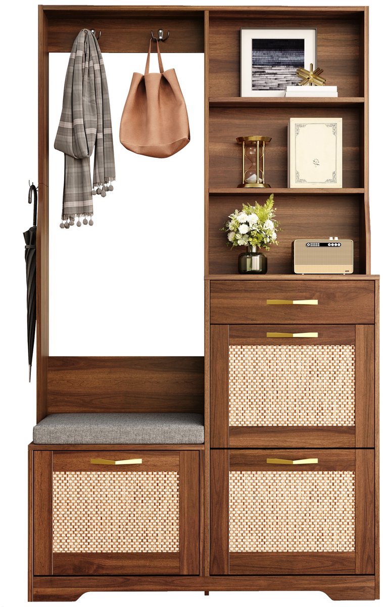 Rattan Front Garderobenschrank met Sitzbank - Multifunctioneel Meubel voor Eingangsbereich - Walnut