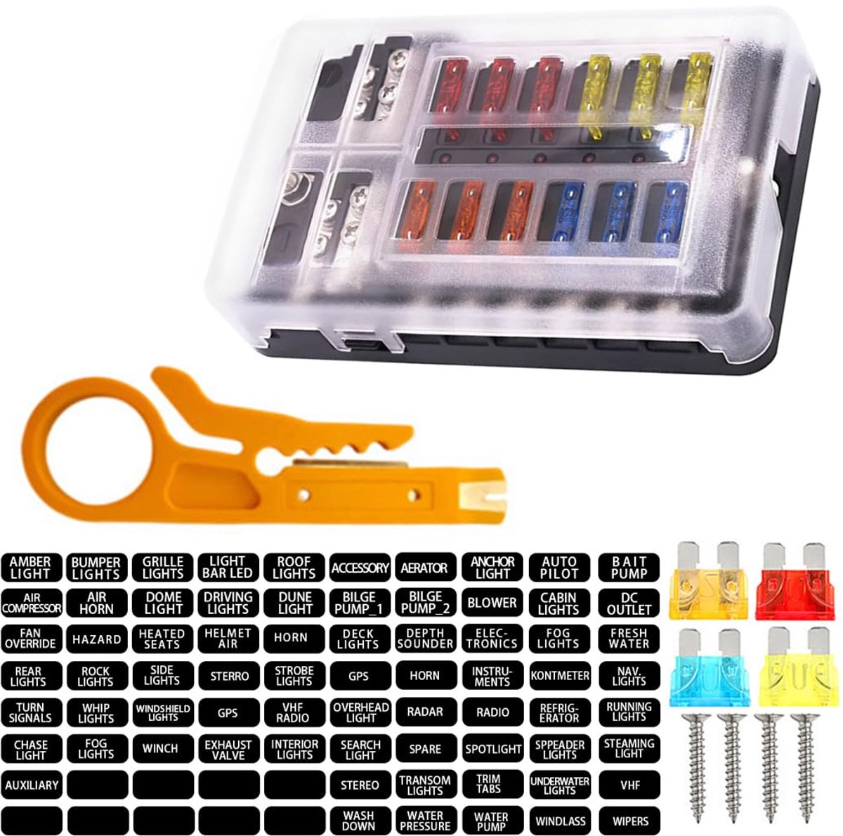 12-voudige zekeringhouder, multifunctionele autozekeringen, met led-display, negatieve bus en zekeringtrekker, voor auto, boot, bestelwagen, SUV, vrachtwagen