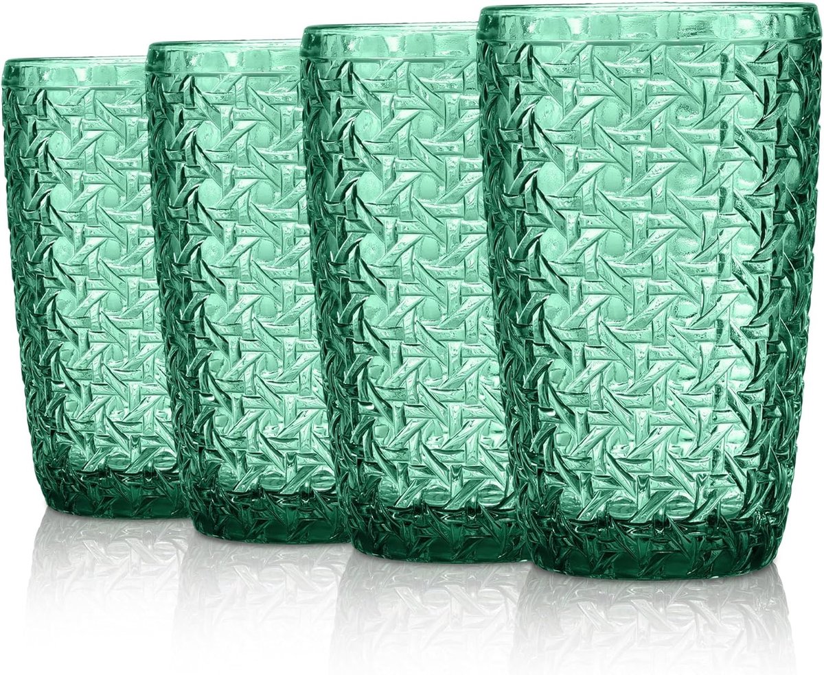 380 ml groene drinkglazen met reliëfdesign, waterglazen, vaatwasmachinebestendig, longdrinkglazen, set van 4