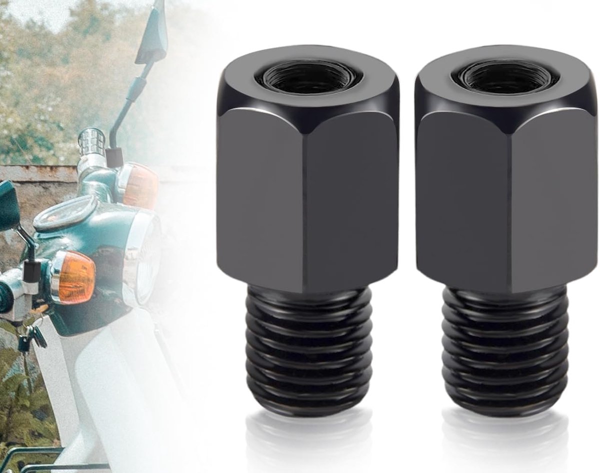 Spiegeladapterset, 2-delig, M8 naar M10 linkse schroefdraad/rechtse schroefdraad, universele spiegeladapter voor motorfiets, bromfiets, zwart