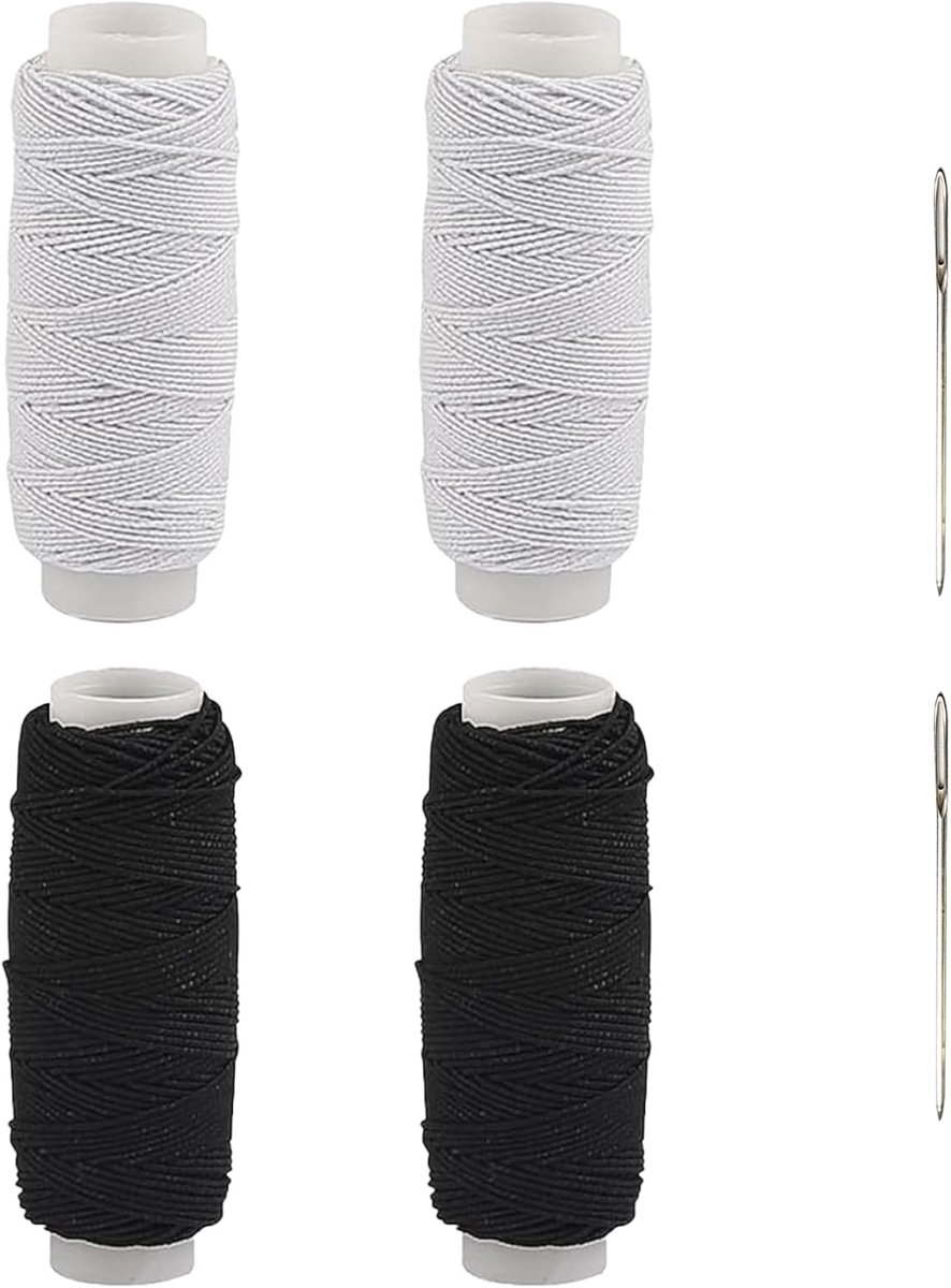 Naaigaren, 4 stuks, elastische naaigaren met 2 naalden, zwart-wit, nylondraad voor lederhandwerk, handwerk, naaien, boekbinden, reparatie, elastiek voor naaimachine breien