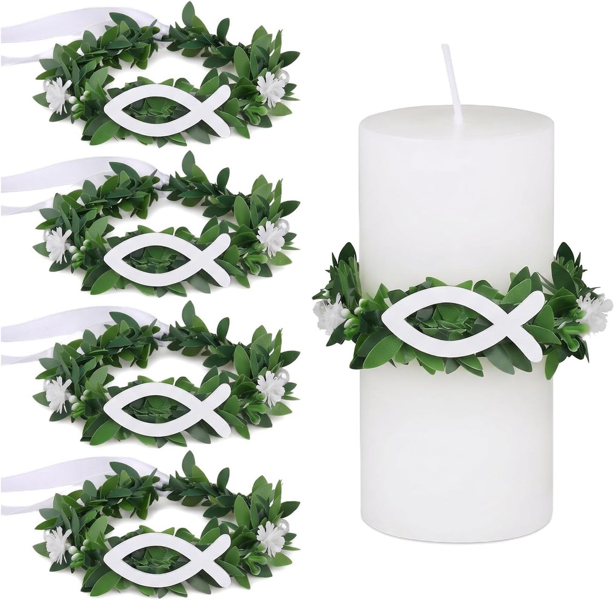 4 stuks druppelbescherming, communiekaarsen, druppelvanger, communiekaars met witte houten vis, diameter 6 cm, decoratieve kransen, doopkaarsen, boekenkrans, druppelvanger voor communie, doop