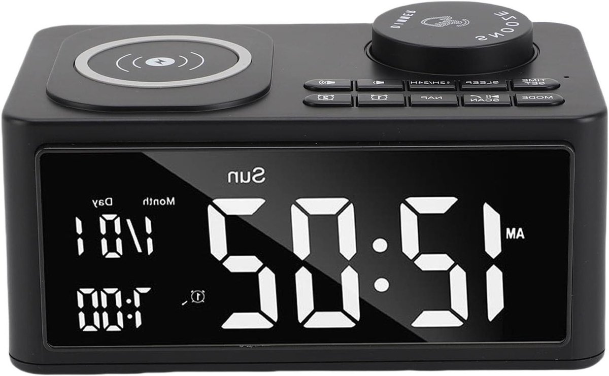 Bluetooth Luidspreker - Digitale Wekker - Muziek En Radio - Draadloze Oplader - 21 x 11 x 10 cm - Zwart